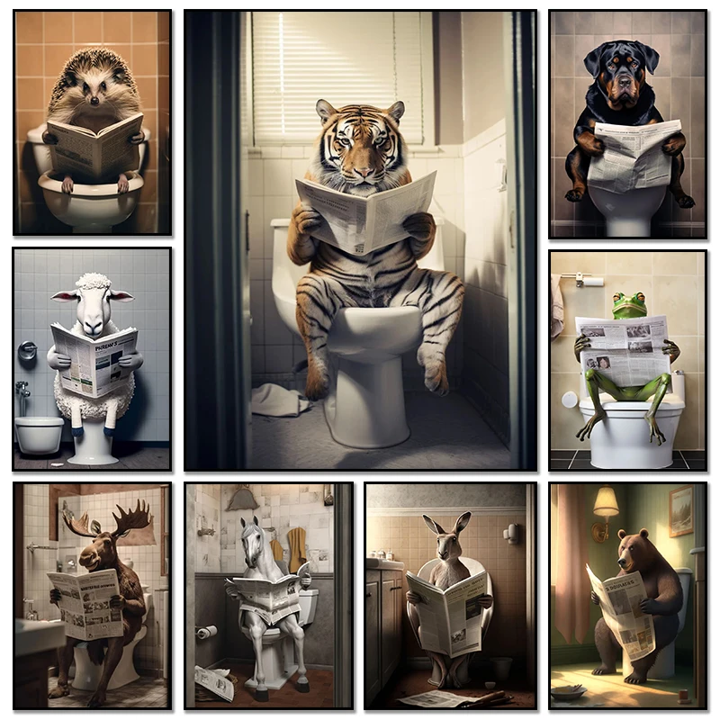 Vintage-Poster mit lustigen Tieren, die auf der Toilette sitzen und Zeitungen lesen, HD-Leinwanddruck für Badezimmer-Dekoration