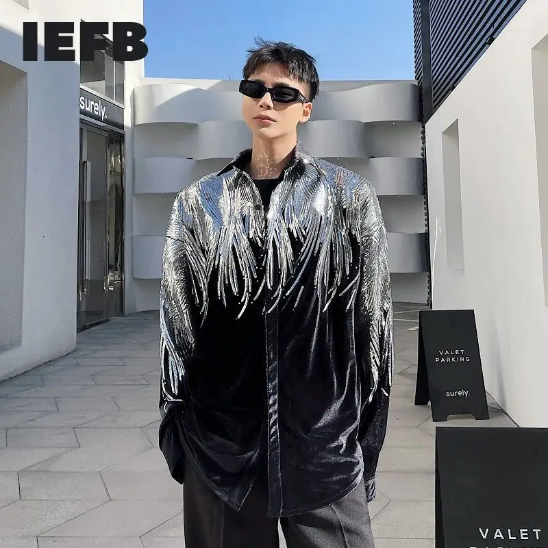 IEFB 2023 Embroidery Sequin Velvet Fashionable Temperament Men's Long Sleeve Shirts Lapel Personal Design Oversized Tops 9Y6658