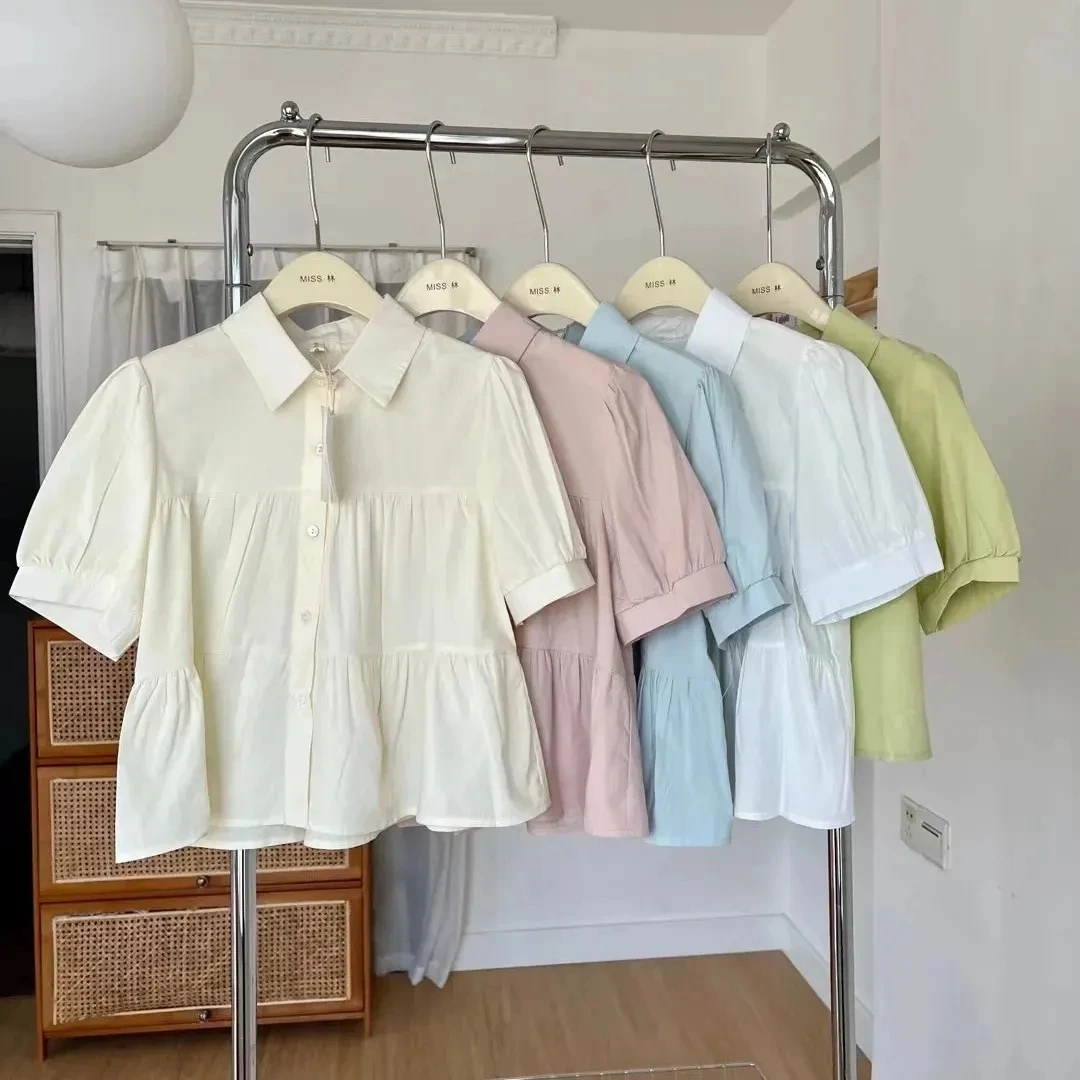 

Летний корейский топ с воротником-стойкой, универсальный, на одной пуговице, однотонный, повседневный, для молодых женщин 8-24 лет