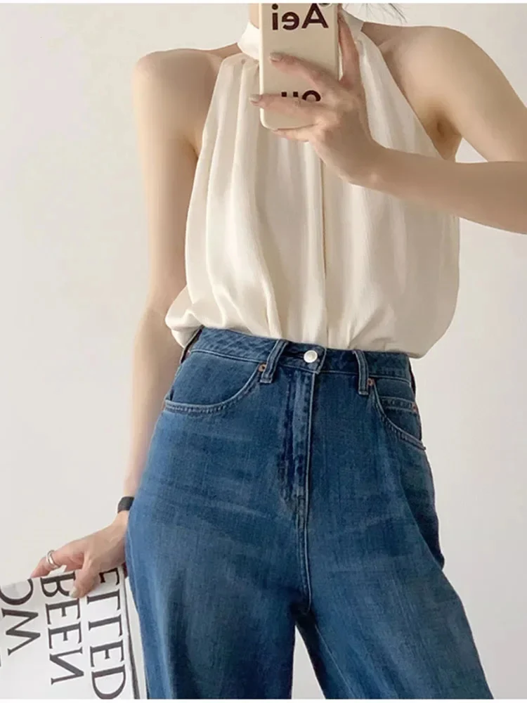 Summer Minimalist Basic Women's Beige Sleeveless Top New Fashionable Solid Color Slim Fit Sweet Women French Neck Hanging Top