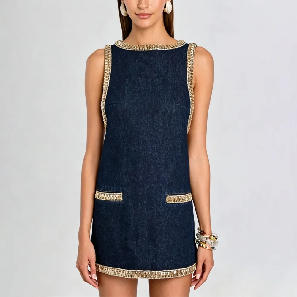 Women's Denim Dress Rhinestone Sleeveless Vest Backless Jumpsuit Playsuit Spring Summer Fashion Matching Set Evening Dress