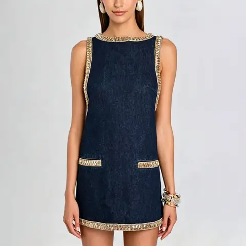 Women's Denim Dress Rhinestone Sleeveless Vest Backless Jumpsuit Playsuit Spring Summer Fashion Matching Set Evening Dress