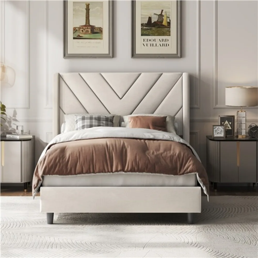 Twin Upholstered Bed Frame with Slat Support Mattress Foundation, Beige