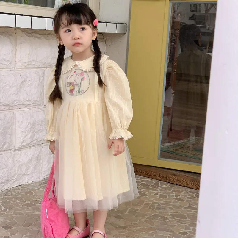 

New Spring Kids Dress Children Doll Collar Embroidered Bunny Yarn Dress vestido niña fiesta vetement fille puff dress