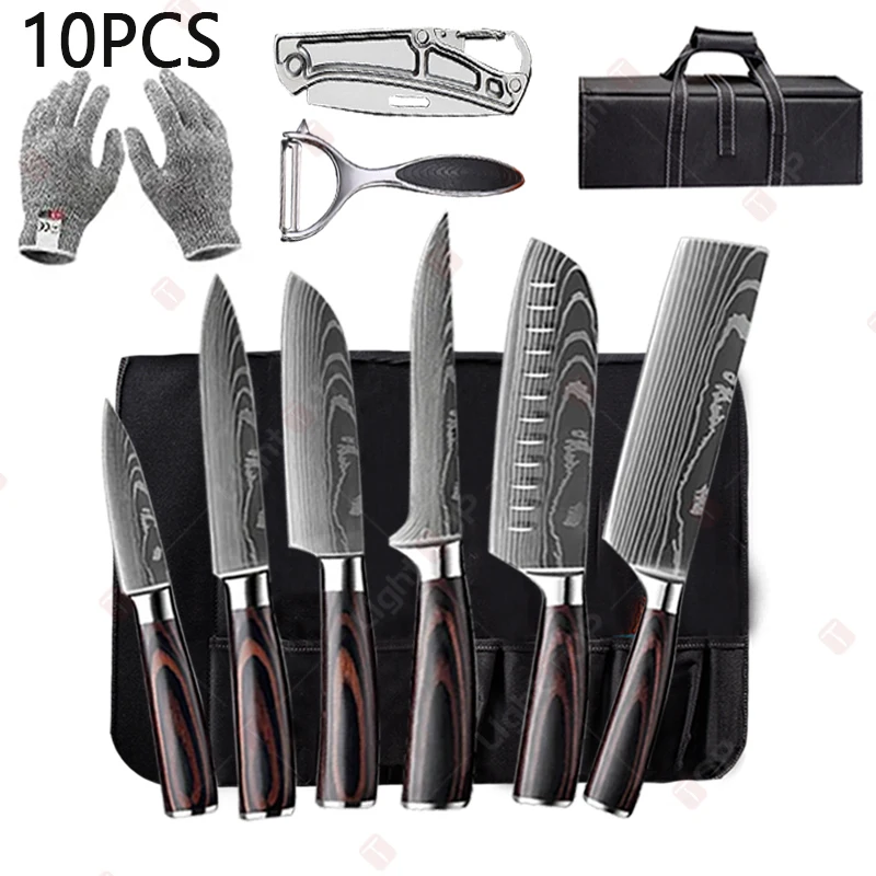 

Professional Kitchen Boning Knife Damascus Laser Kitchen Knives Set Japanese Santoku Knife Fruit Slicing Knife with Storage bag