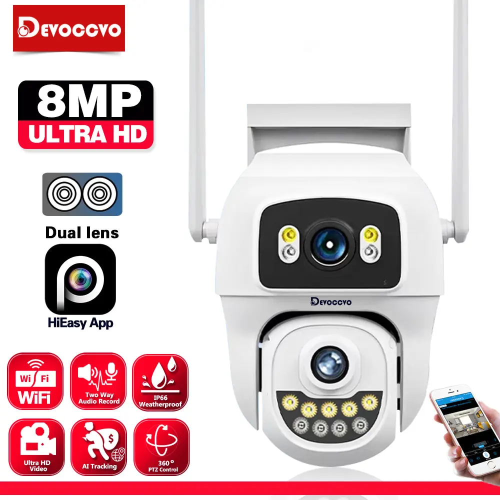 

8-мегапиксельная 4K Wi-Fi PTZ-камера безопасности с двойным экраном, Ai, обнаружение человека, автоматическое отслеживание, наружная камера видеонаблюдения, приложение HiEasy