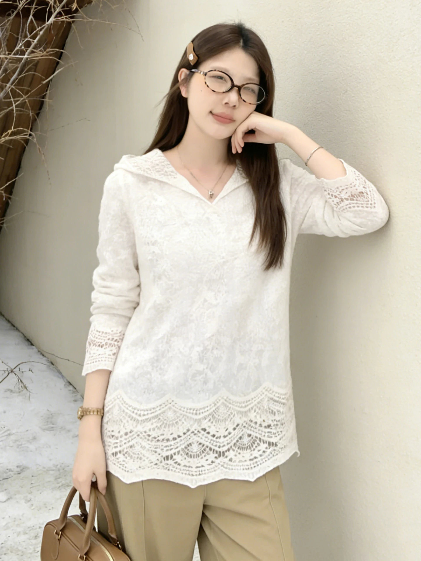 

Lace irt Women's Heavy Embroidery Hollow out Hooded Spring Faion plus Size Loose Mid-Length Super Beautiful Top