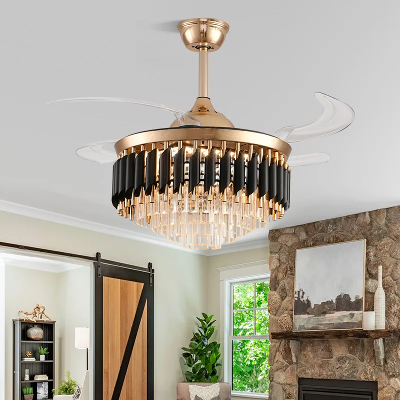 

Creative Luxury Iron Crystal Invisible Ceiling Fan Lamps Living Room Restaurant Kitchen Decorative Home High-end LED Fan Lights