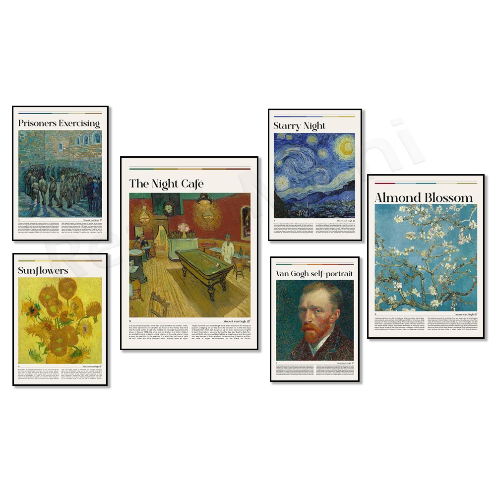 Pinturas de Van Gogh, flores de almendro, girasoles, retrato alto del cartero José Roulin, póster de la exposición de Vincent van Gogh.