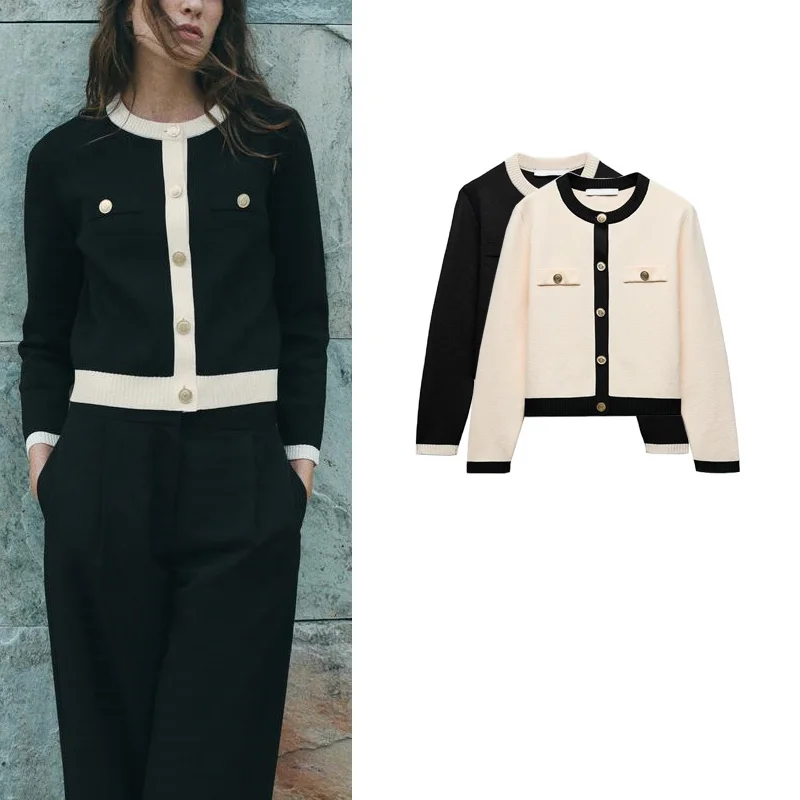 Primavera nova chegada feminina de malha longa sve redonda ne outerwear botão ouro design fibra poliéster casual doce sle