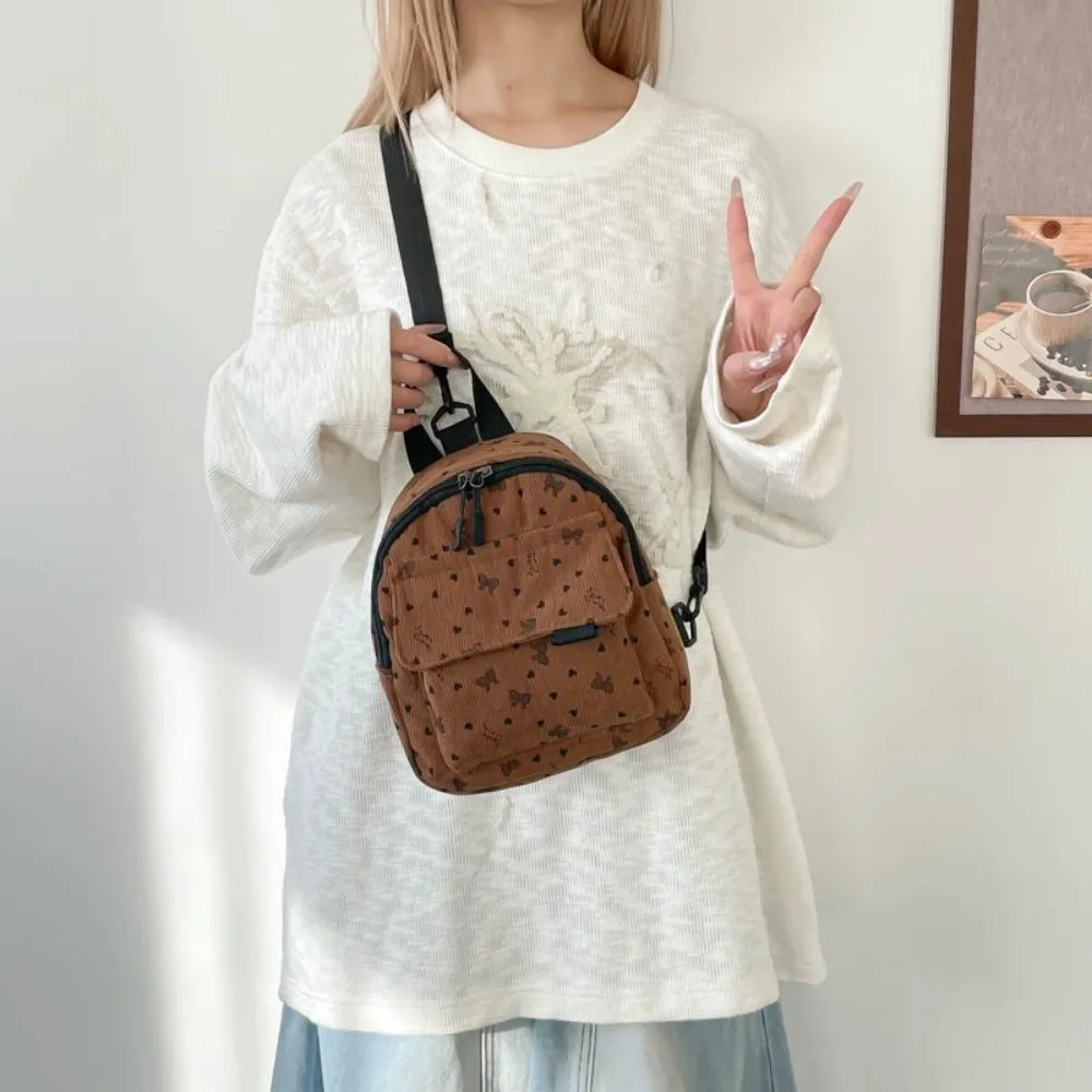 

Fashion Adjustable Shoulder Strap Crossbody Bag Bow Pattern Lightweight Mini Rucksack Corduroy Travel Backpack Women