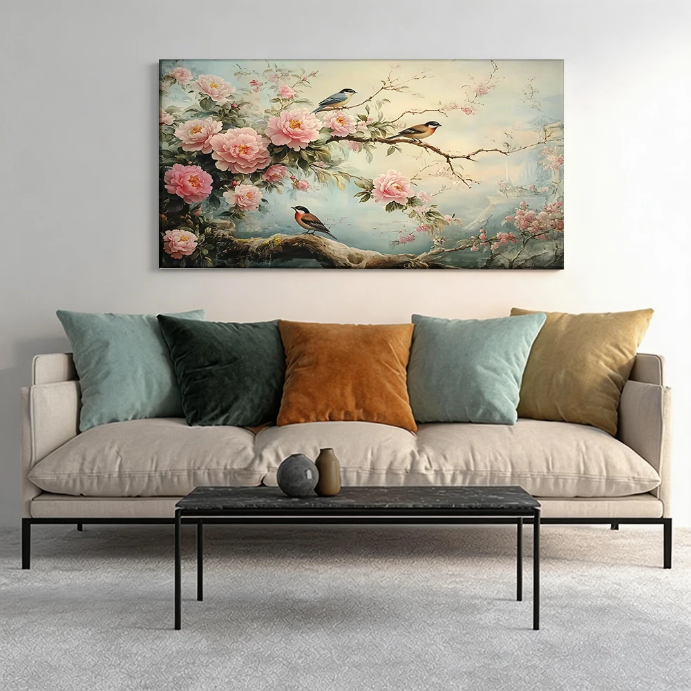

1pcwooden frame canvas decorative painting Painting, pink peonies, perching birds.Corridor, Living Room Decoration