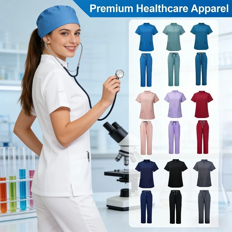 

Однотонная рабочая форма доктора и медсестры на молнии с воротником-стойкой, брюки-скрабы в прямом стиле