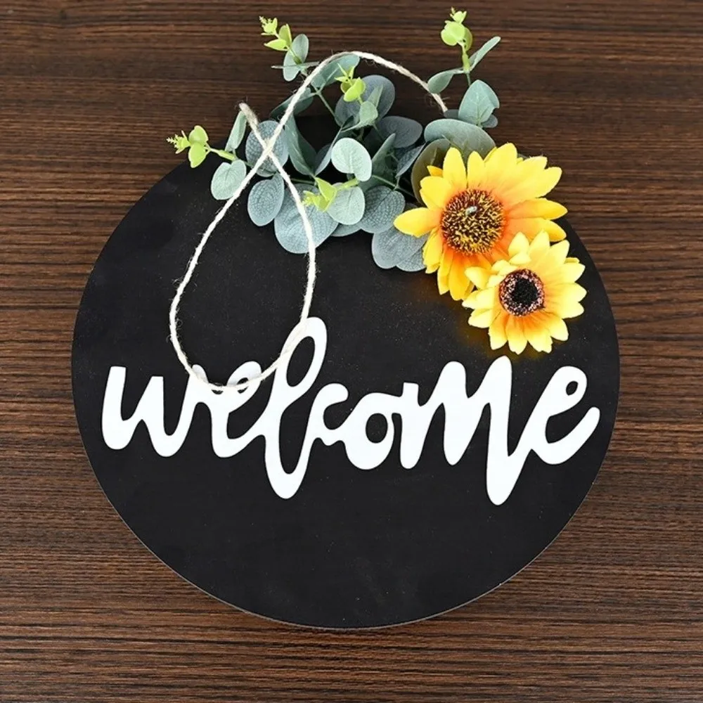 Sunflower Wooden Welcome Sign Grid Bowknot Artificial Eucalyptus Leaves Door Wreath 30cm Round Shape Hanging Decoration
