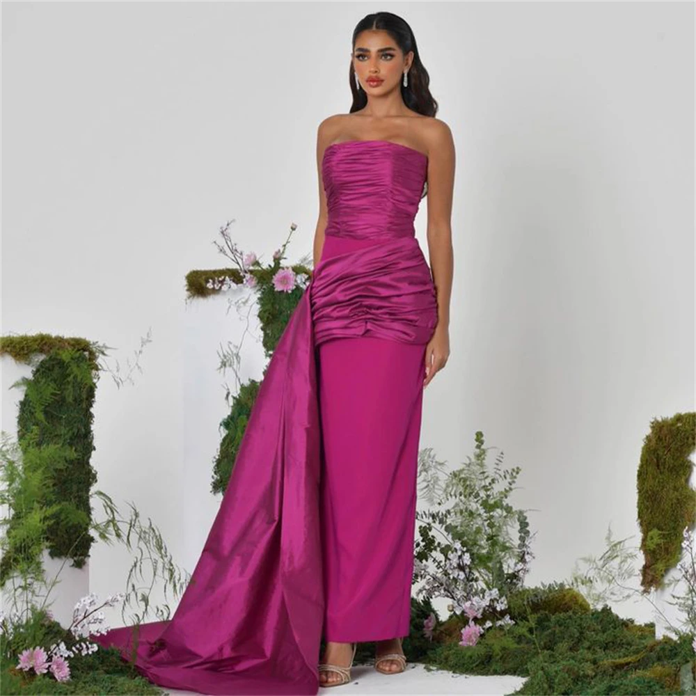 

Tarot Formal Strapless Pleated Saudi Prom Dresses Sheath Satin Sleeveless Wedding Party Dress For Women Ankle Length فساتين سهرة