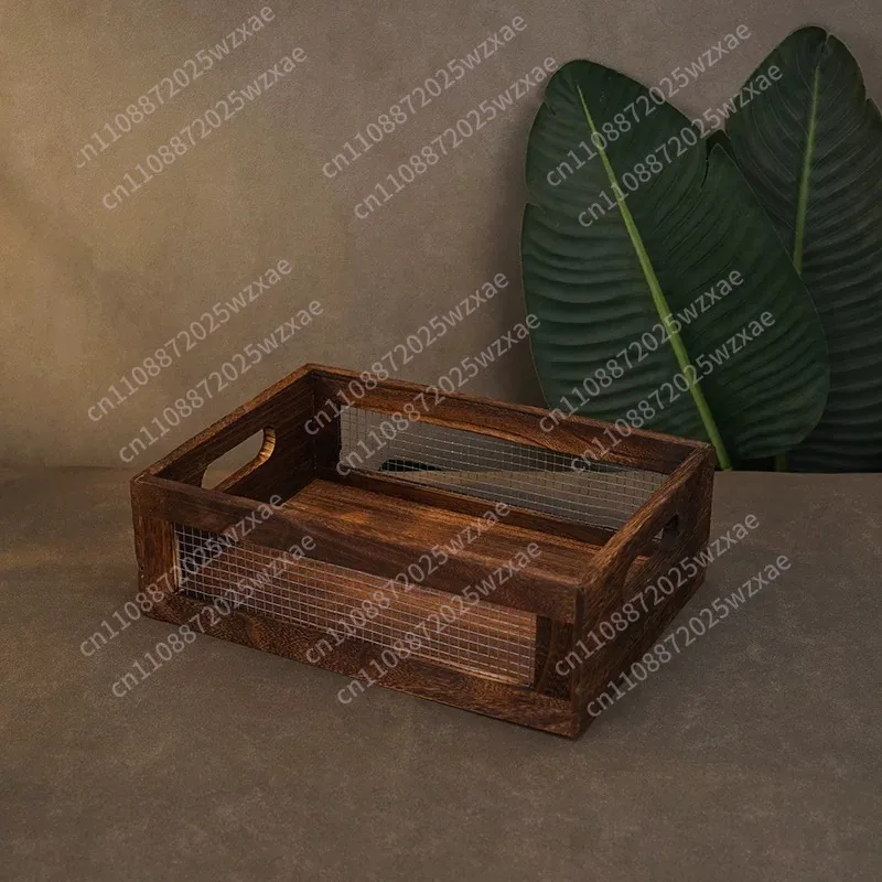 Retro style wooden storage basket, tray rectangular storage box two-piece set of photo props