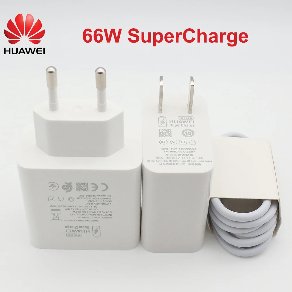 Original Huawei 66W SuperCharger EU US Power Adapter Quick Charger 6A Type C Cable for Mate40 30 P40 P30 Pro Nova8 Se P30 P40