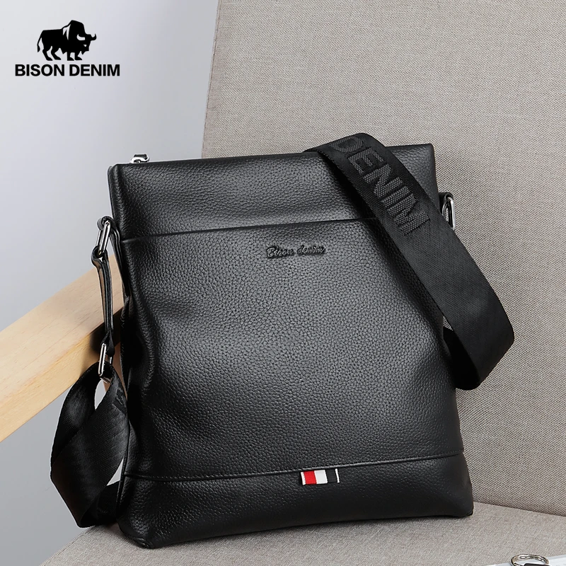 BISON DENIM Genuine Leather Mens Shoulder bag iPad Messenger Bag Luxury Crossbody bag designer for Men N20218