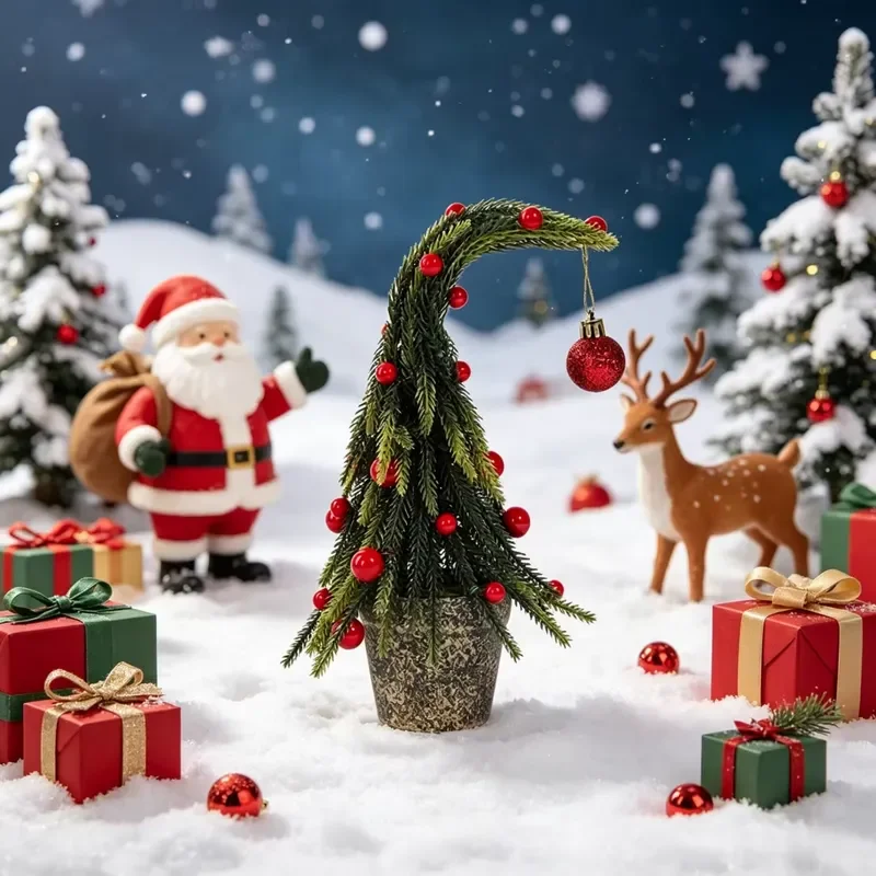 SPRING PLANTING Table Christmas Decorations Little Christmas Tree with Crooked Top and Red Ball Mini Christmas Tree