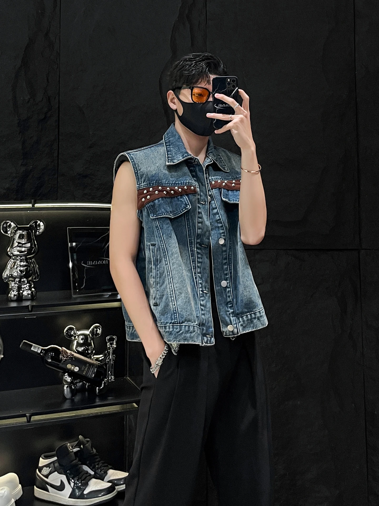 

Мужской кожаный джинсовый жилет в стиле пэчворк без остановки зеркала HOMME, модный плечевой костюм с одной кнопкой