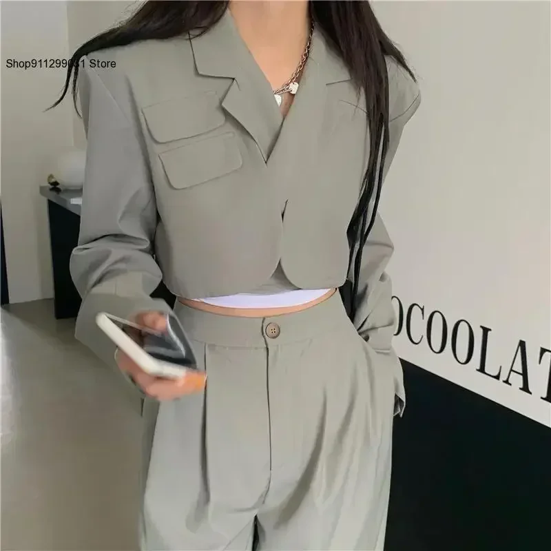 Women Sexy New Chic Crop Blazer Jacket &High Waist Trousers Suits Wide Leg Pants Outfit 2-Piece Set Fashion For Female Summer
