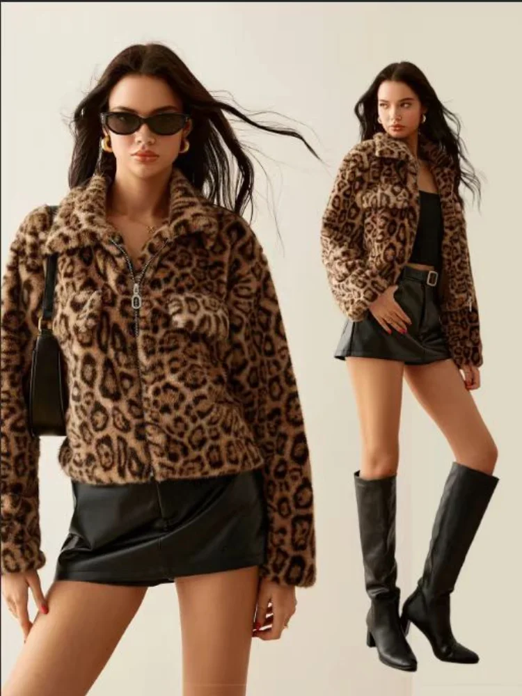 Chaqueta peluda de piel sintética para mujer, abrigo informal de manga larga con estampado de leopardo y cremallera, prendas de vestir exteriores