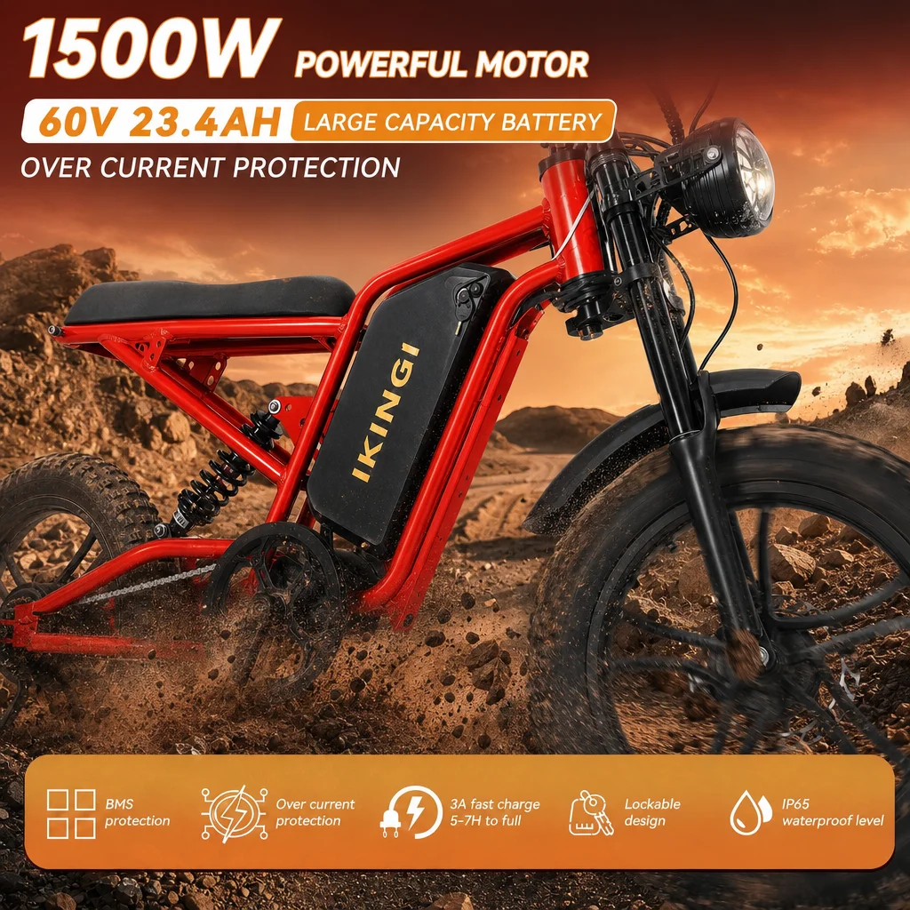 Electric Bike Fat Tire Full Suspension Off-Road Mountain Ebike for Adults, Powerful Red, Dual Shock Absorption Front Rear Suspension, Disc Brake, LED Headlight, High Speed, Beach Snow Trail Commuter Bicycle E-Bike