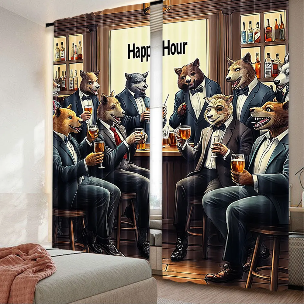 2Pcs Humorous Curtain Happy Hour Animals In Retro Classic Pub Scene Anthropomorphism For Bedroom Bathroom Living Room Dining