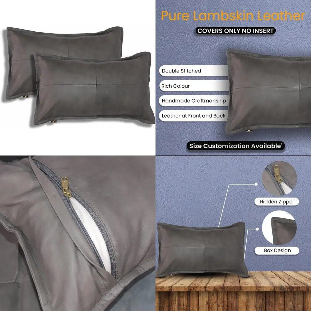 

Lambskin Leather Pillow Cover - 100% Genuine for Sofa Cushion, Decorative Throw Cover for Living Room and Bedroom, 14x14 Inches