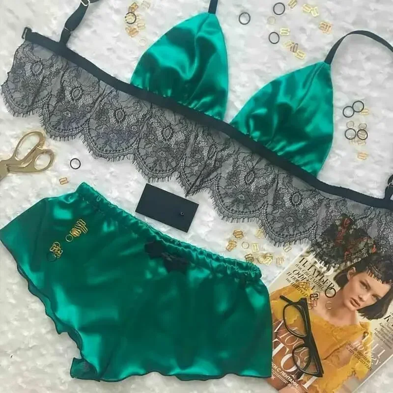 Set Piyama Wanita Baru Pakaian Dalam Lingerie Seksi Piyama Satin Sutra Atasan Crop Bra + Set Celana Pendek Pakaian Tidur Tanpa Lengan Leher V Seksi