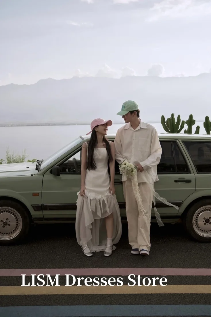 LISM Einfache A-Linie-Hochzeitskleider in Korea für Fotoshootings, weicher Tüll, bodenlang, quadratischer Kragen, Brautkleider ienia Singapur, individuell gestaltete Korsetts