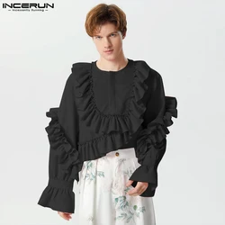 INCERUN Men Irregular Shirts Solid Color Ruffle Loose O-neck Long Sleeve Unisex Shirt Streetwear 2024 Fashion Casual Camisas