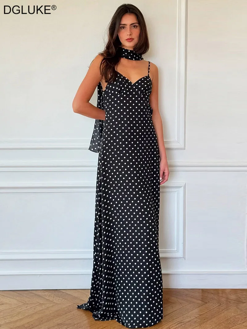 

DGLUKE Black Polka Dot Maxi Dress Woman Spaghetti Strap Backless Long Dress Sexy Summer Holiday Dress Sundress With Scarf