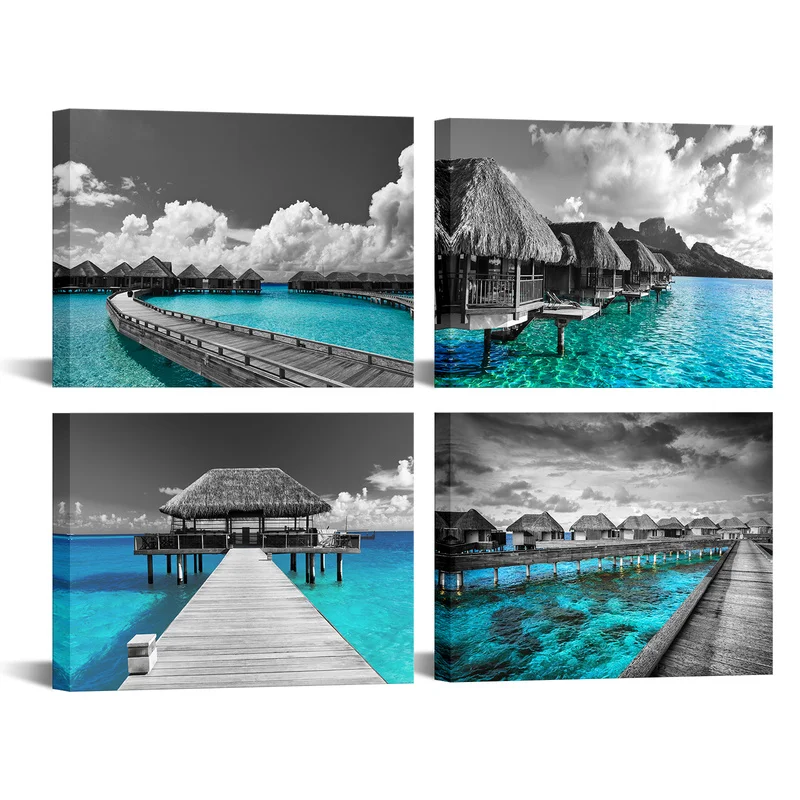 

4 Pieces Vacation Spot Poster Wall Art Beautiful Seascape Print Canvas Painting Modern Style Pictures Living Room Home Decor