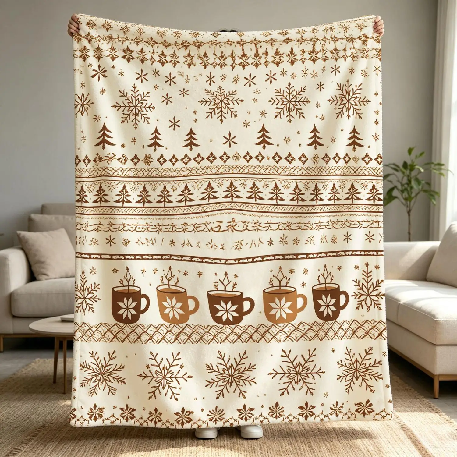 [Flannel Blanket] Christmas Blanket with Snowflake and Pine Tree Print, Nordic Winter Coffee Cup Blanket, Rustic Holiday Decoration