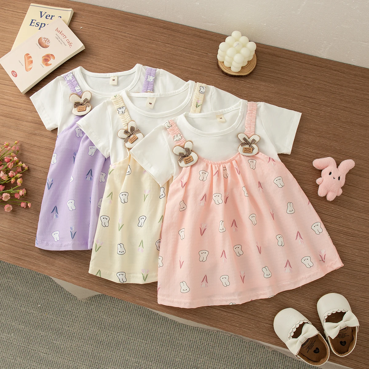 

Baby Girl Dress Summer Cartoon Rabbit And Flower Pattern Knitted Girl Dress Cute Casual Girl Kid's Dress