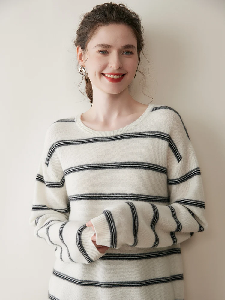Nowy damski sweter z kaszmiru TLOML z okrągłym dekoltem, 100% kaszmir, sweter w paski z długim rękawem, jesienno-zimowa kaszmirowa dzianina, codzienne topy