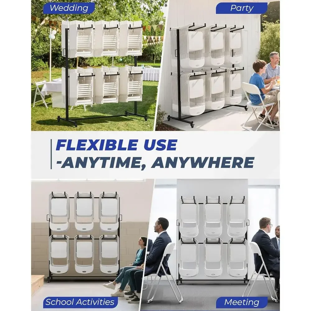 Versatile Chair and Table Rack, Holds 84 Chairs or 12 Tables, Easy Assembly, Wheeled Cart with Dust Cover and Elastic Straps