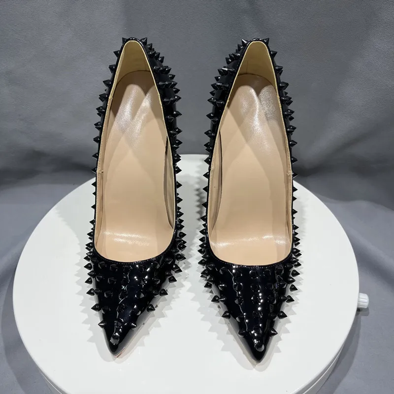 Tikicup Full Spikes Women Black Patent Pointed Toe Extremely High Heels Sexy Ladies Club Party Stiletto Shoes Punk Rivets Pumps