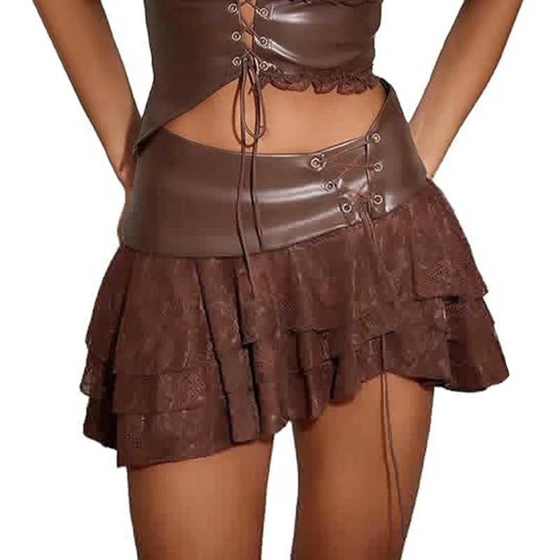 OMSJ Leather Patchwork Layered Lace Irregular Skirt  Hot Girls Fashion Sexy Drawstring Short Skirts Rave Party Women Half Skirts