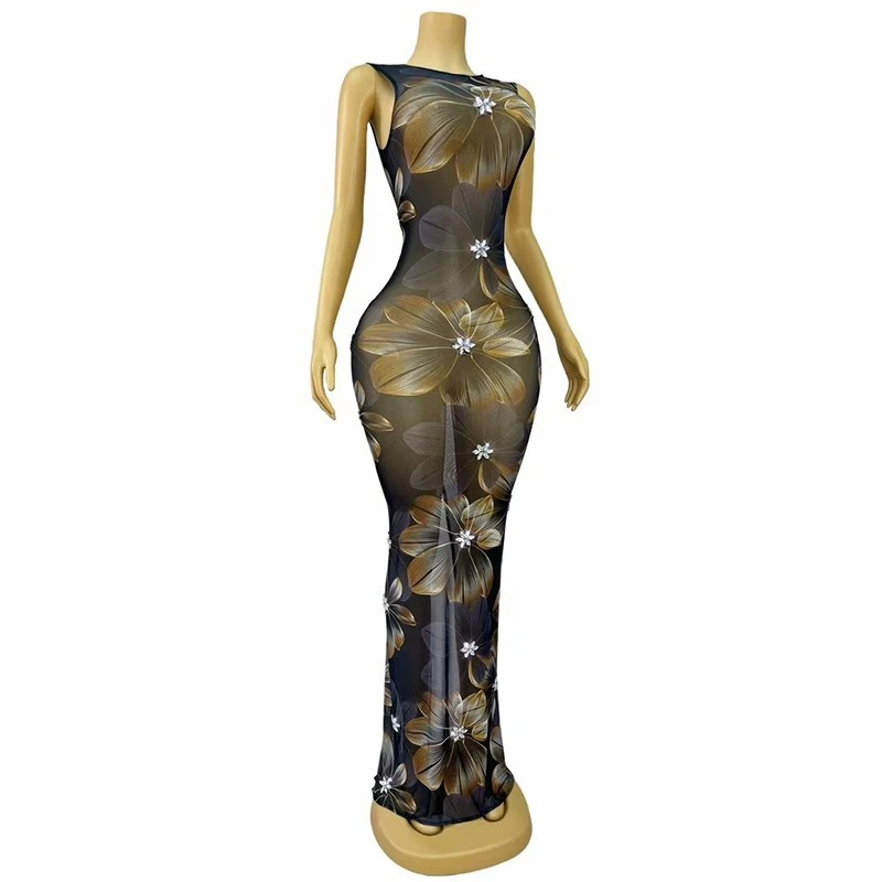 Sparkly Perspective Flower Printed Party Dress Women Celebrate Evening Outfit Bar Ds Dj Gogo Costume Stage Performance Wear 9242