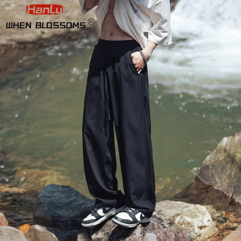 Men's Summer New Side Loose Ice Silk Breathable Casual Pants for Men's Cool Feeling Thin Solid Color Daily Sports Pants