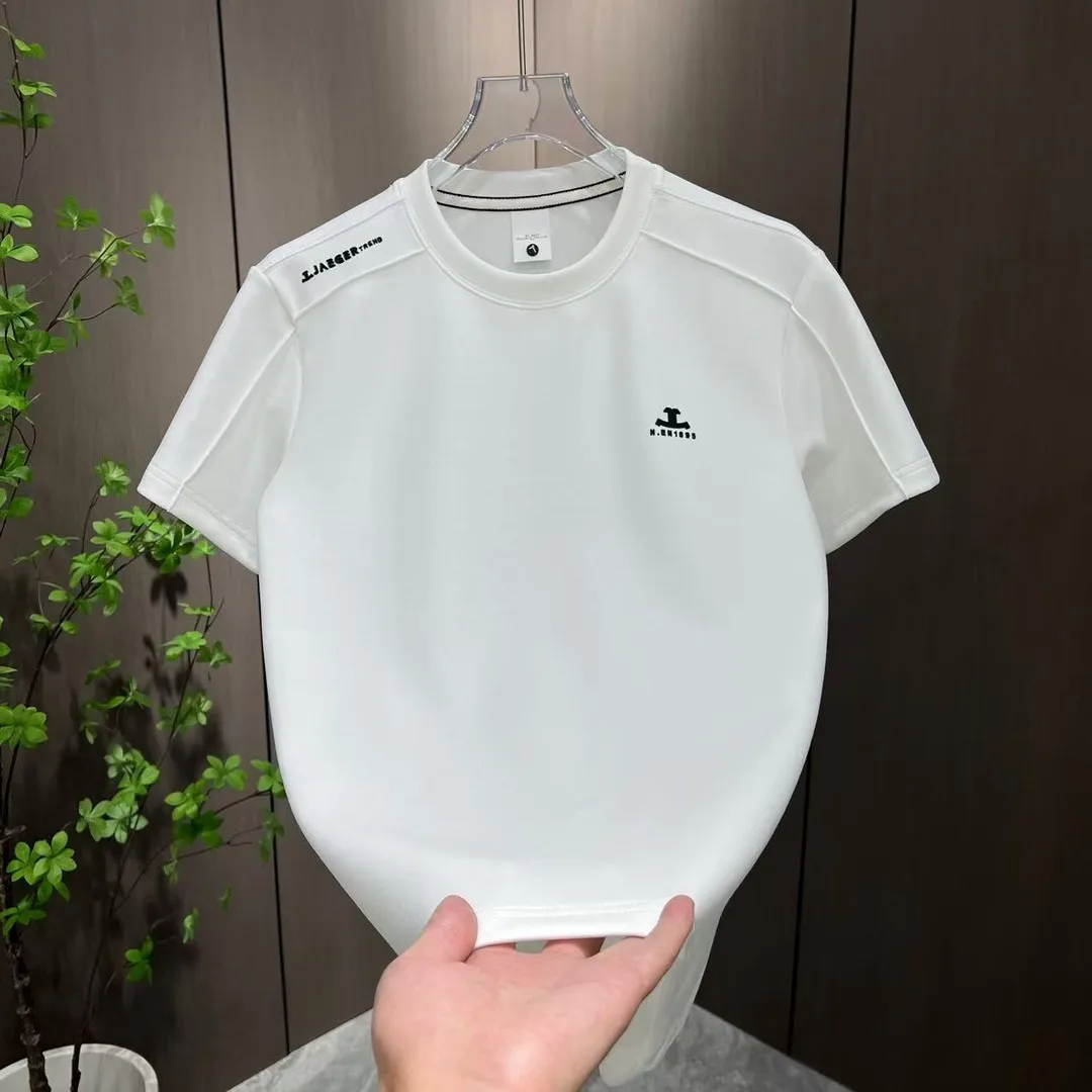 세련된 라운드넥 자수 슬림핏 반팔 티셔츠 남성 캐주얼 무지 반팔 여름 신상품