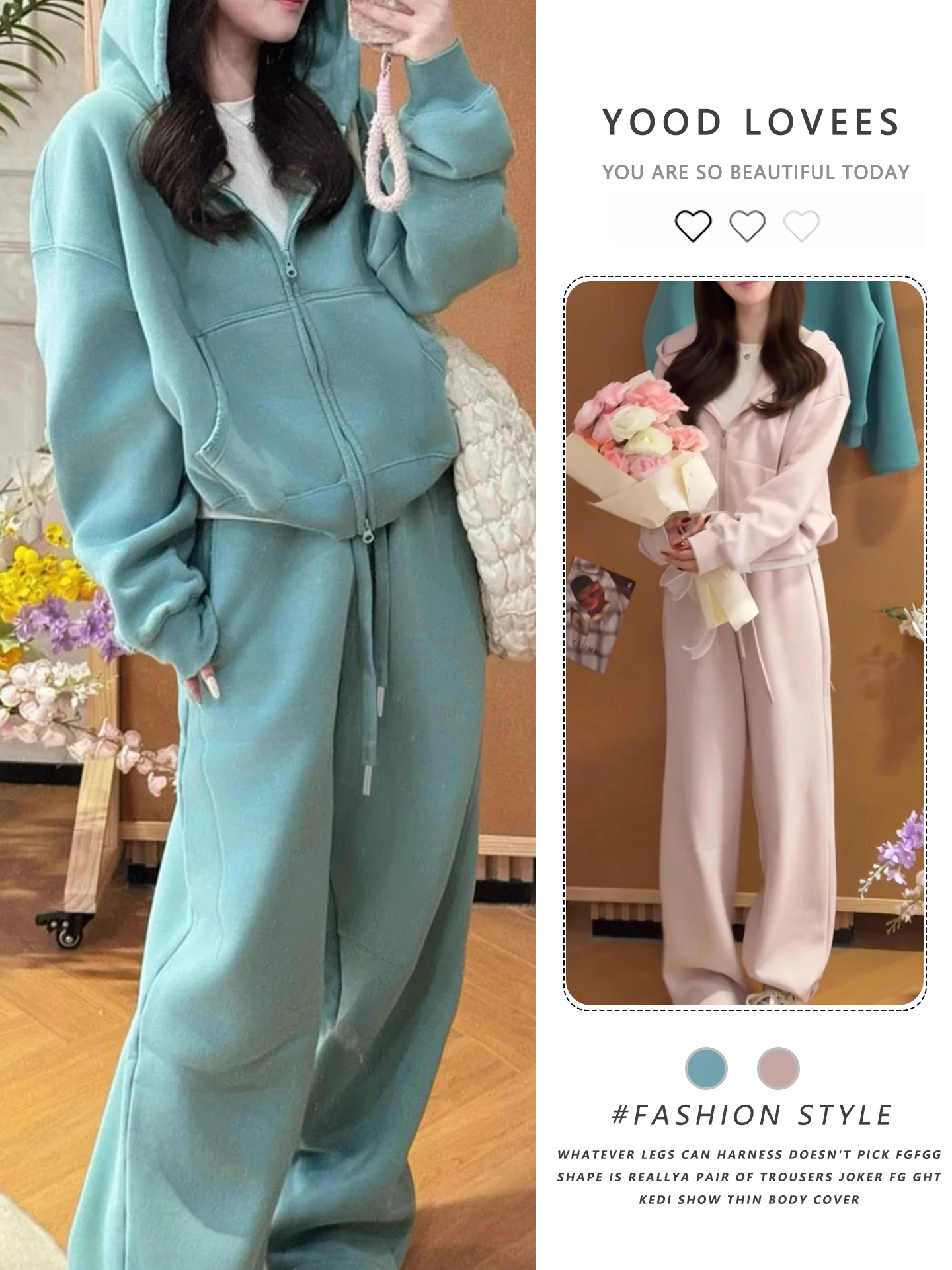 

Women's Spring Autumn Hooded Zipper Sweatshirt Jacket Elastic Waist Straight Leg Pants Two Piece Set Fashionable Casual Outfit