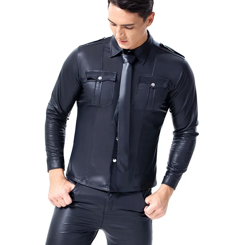 Men Shirts Pu Leather Erotic Underwear Gothic Performance Clothing Urn-Down Collar Button Long Sleeved Clubwear Tops Streetwear