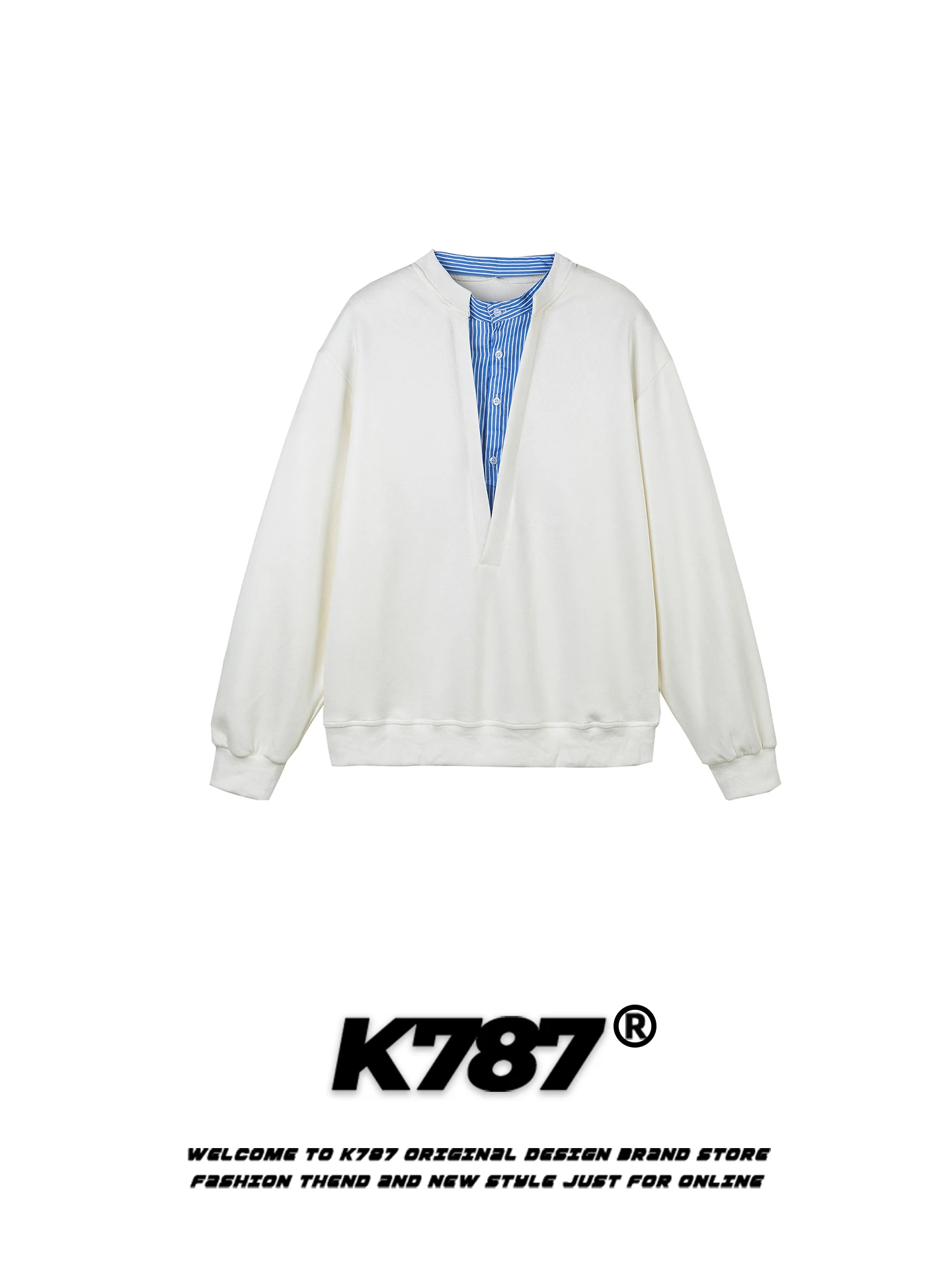 

K787 American Retro Striped Splicing Fake Two-Piece V-Ne Sweatirt Loose College Sle Color Blo Couple Jaet for Men A...
