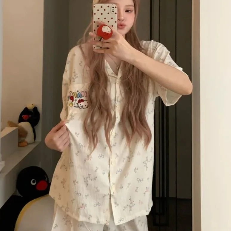 2Pcs 2026 Hot Girls Women's Pajamas Cute Cartoon Print Short Sleeve Pajamas Soft Comfortable Summer Casual Homewear Pjs