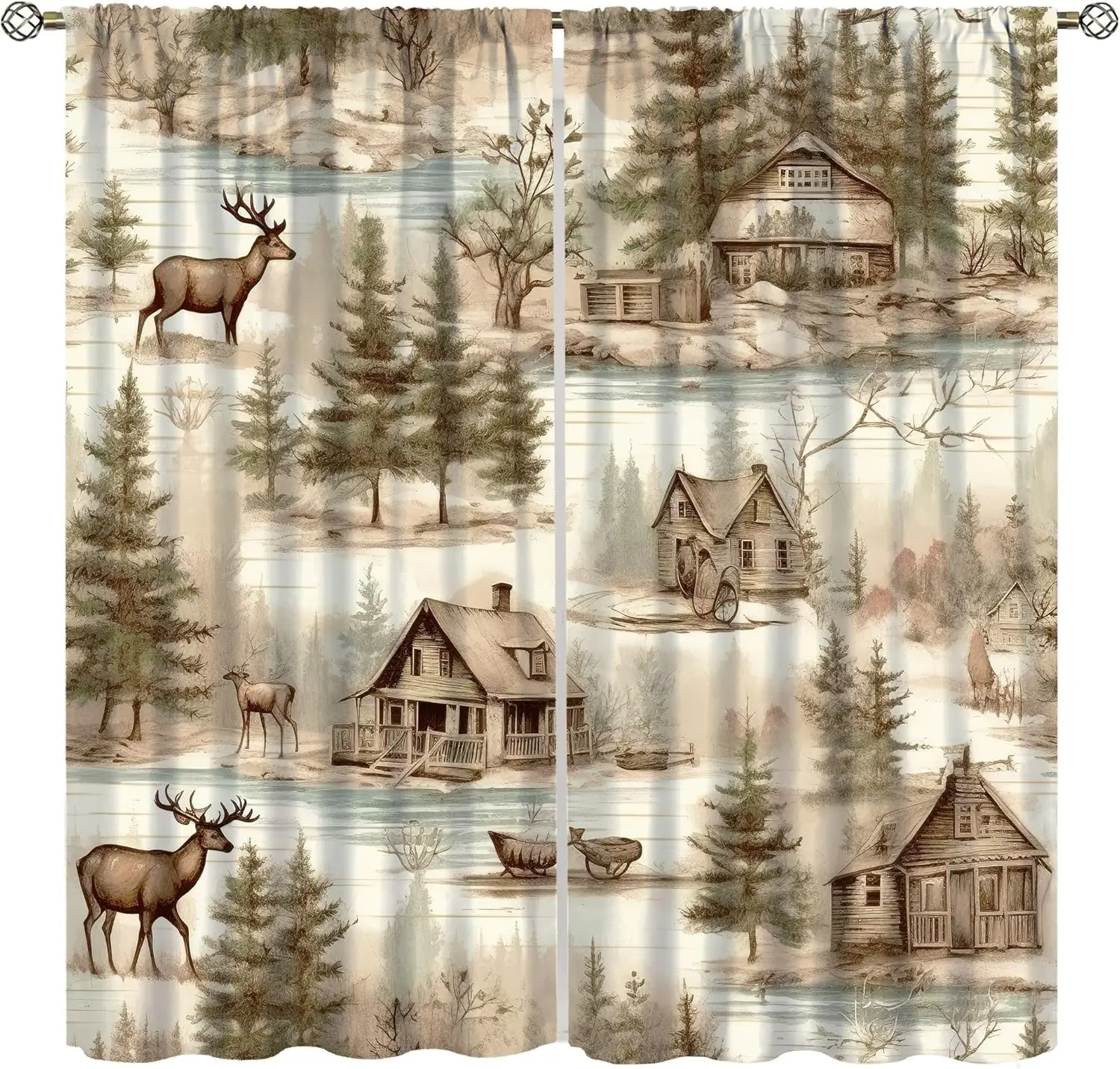 Polyester Nature Scenic Curtain Panels Rustic Forest Woodland Deer Cabin Decoration Drapes Cottage Style Window Curtains for Bed