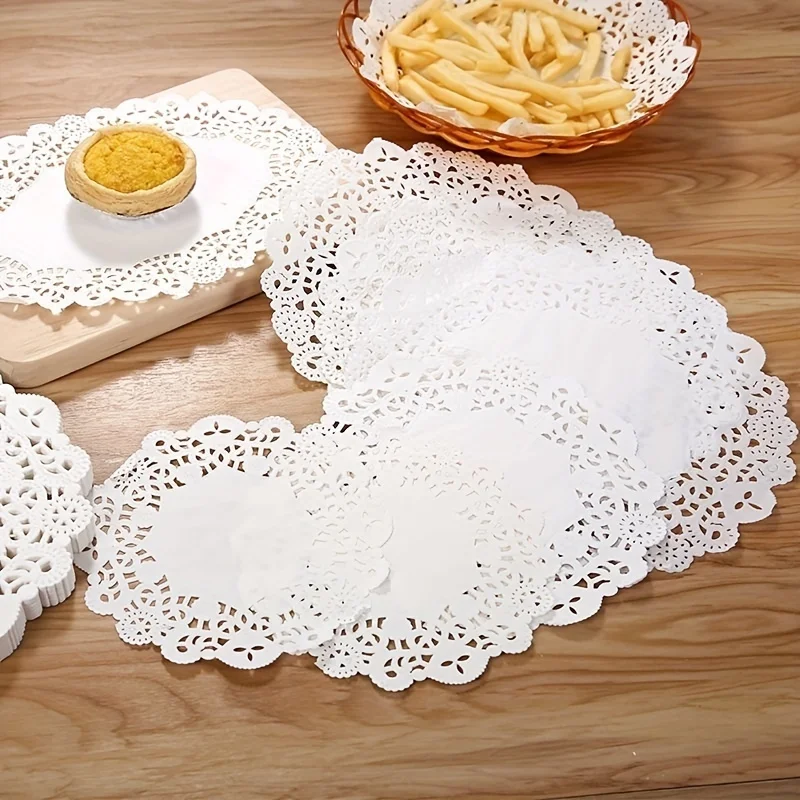 50/100 Stück Tischsets aus Papier mit Spitzenrand, Cupcake-Untersetzer für frittierte Speisen, Desserts, Partys, Hochzeiten, Tischdekoration, Küchen-Backutensilien – Detail 29