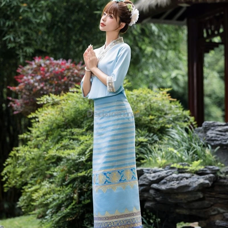 Traditional women thailand clothing chinese Dai ethnic style lacing hanfu top straight skirt elegant dignified temperament set